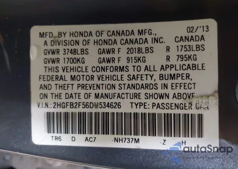 2013 Honda Civic Lx from USA, damaged, VIN 2HGFB2F56DH534626